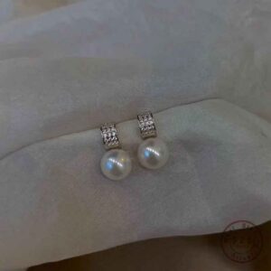 Sterling Silver French Temperament Geometric CZ Pearl Stud Earrings