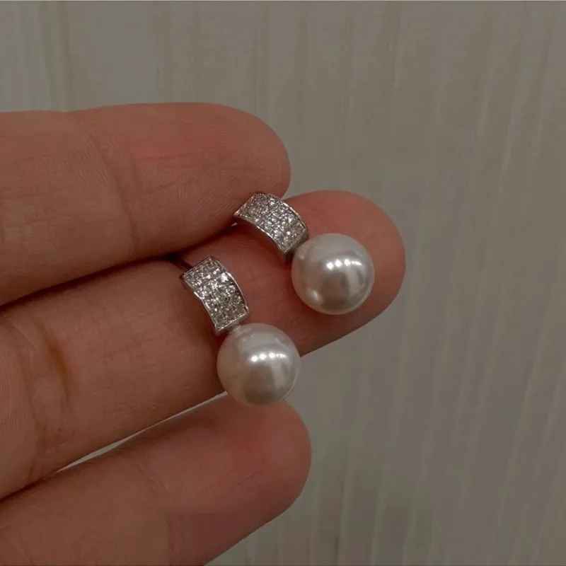 Sterling Silver French Temperament Geometric CZ Pearl Stud Earrings - Image 3